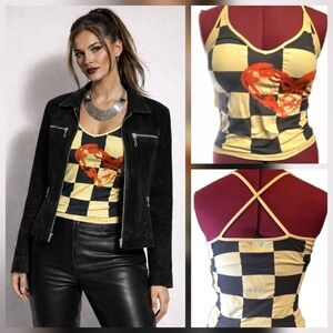 ❤️ Desigual Deconstructed Checkered Knit Tank Top – Heart Graphic – Size L